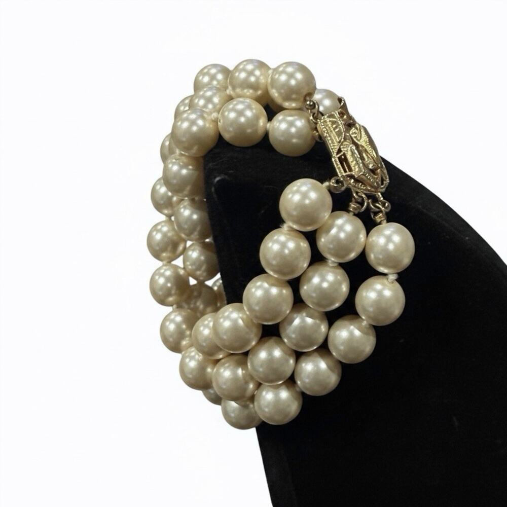 ERWIN PEARL Signed 3 Strand 12mm Faux Pearl Twist Bracelet Rhinestone Box Clasp